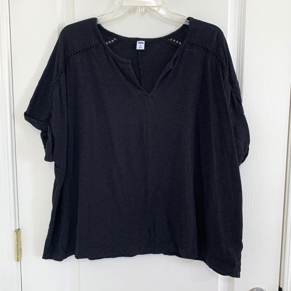 Old Navy Lace Trim Slub Knit Top Split Neck Short Sleeve Cotton Black Size XXL